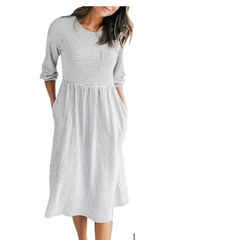 MEROKEETY 3/4 Balloon Sleeve Striped High Waist T Shirt Midi Dress | Size XL